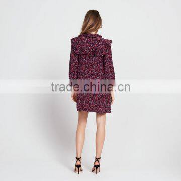 Ruffled at Neck and Cuff, Ladies Round Neck and Long Sleeve Dress photo-3