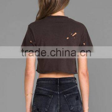 Intentional Holes Throughout Raw Cut Hem Crop T-shirts