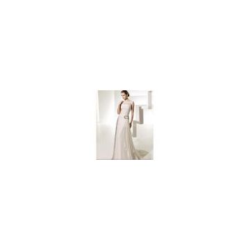 A line Bateau Neck Chapel Train Chiffon Beading Ruffled Wedding Dress