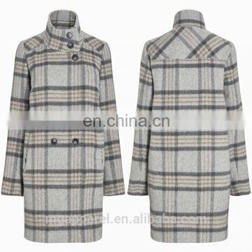Wholesale OEM High Quality Women Winter Long Coat Grey Soft Wool Check Coat
