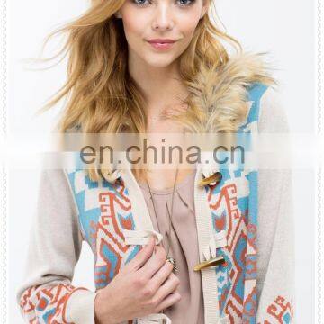 Glamour Women Clothes Geo Printed Fur Trim Sweater Cardigan With Fur Trimmed Hoodie photo-4