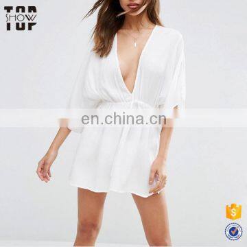 Oem Wholesale white deep plunge neckline sexy beach cover up with kimono sleeve