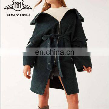 Winter New Style Belt Reverse Zipper Back And Front Ladies Long Coat