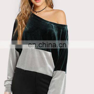 Autumn Two Tone Crop Dolman Pullover Velvet Casual Women Top
