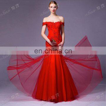 Real Off The Shoulder Lace Appliqued Fishtail Red Sexy Evening Dress Formal photo-3