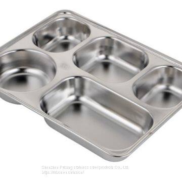 304 Stainless Steel 5 Compartments Restaurant School Canteen 5 Compartment Divided Stainless Steel Mess Lunch Dinner Snack Plate Fast Food Container Tray photo-2