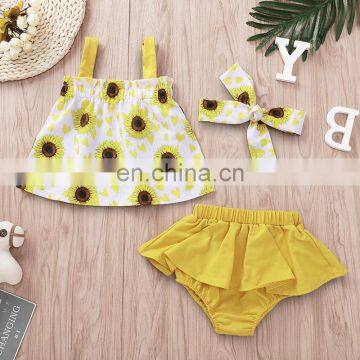 Baby Girl Clothing Set Summer Sunflower Off shoulder Tops & Yellow Shorts & Flower Headband 3PCS SET for 0-2T