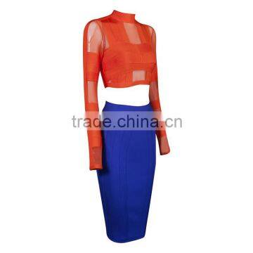 2016 New Summer Orande and Blue Two Pieces Set Mesh Long Sleeve Knee-length Sey Party Night Club Bandage Dress Wholesale photo-2