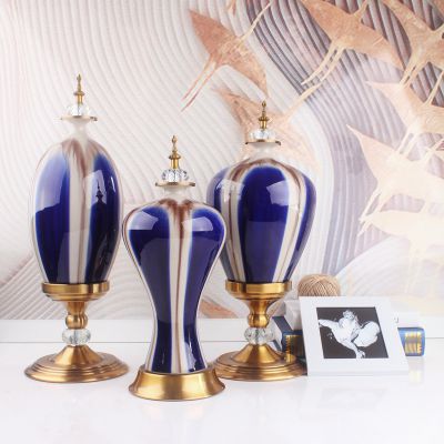 Fashion European Light Luxury Crack Blue Gold Ceramic Flower Vase For Home Decor