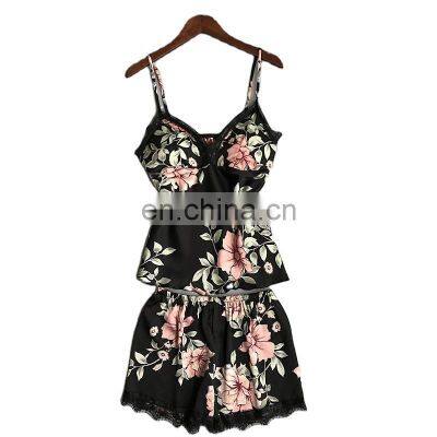 Wholesale custom brand plus size ladies comfortable imitation silk pajamas printed two-piece plus size home sexy pajamas