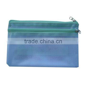 Plastic mesh pencil Bag for Promotion office stationery document bag with two zippers