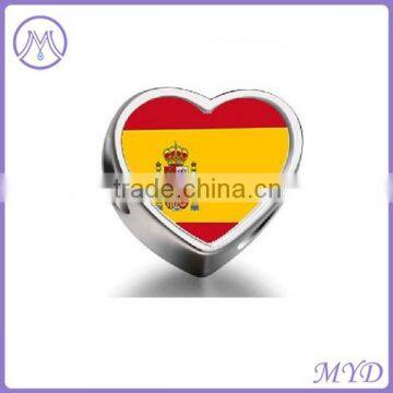 925 sterling silver Spain flag heart metal photo beads for charms bracelet