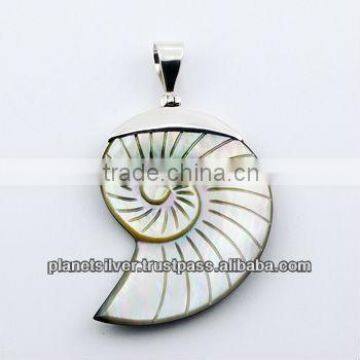 Silver Shell Pendant Hand Carved & Engraved Nautilus Shape