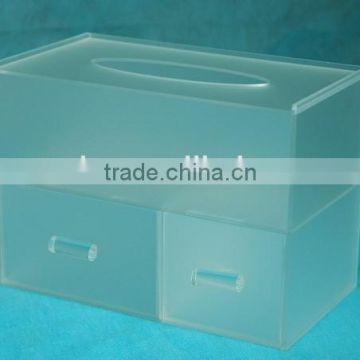 wholesale customized frosted white hotel supplies acrylic tissue storage box with 2 drawers