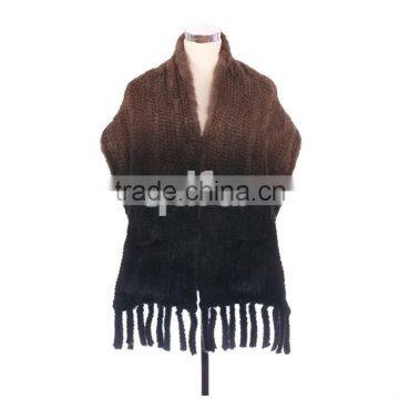 QD30489 Gradient Color Women Crochet Knitted Mink Fur Shawl with Tassels