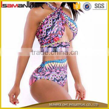 Two piece set fancy printing swimsuit halter sexy women swimwear plus size                        
                                                                                Supplier's Choice
