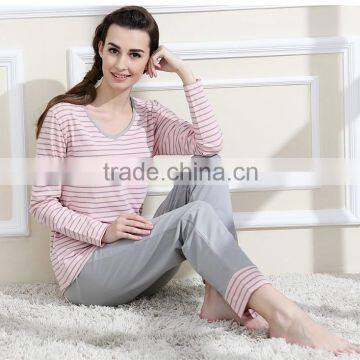 Cotton Pyjamas Ladies Classic Stripe Women Cotton Pajamas set Round Neck Plus size Sleepwear Suit