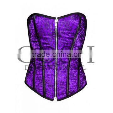 Overbust Purple Satin With Black Mesh Steel Boned Zipper Corset Ci-1137