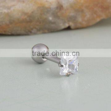 Four Prong Set Square Clear Zircon Steel Post Tongue Ring Barbell - Completely Customizable Post - Select Material, Gauge and