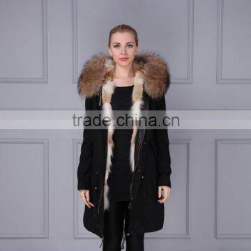 New Fashion Real Raccoon Fur Collar Fox Fur Lining Removable Hooded Parka