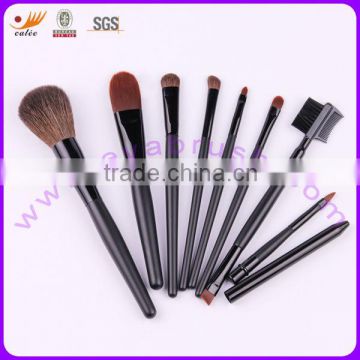 Cosmetic Brush Set with Aluminium Pipe and Wooden Handle in Black Colors