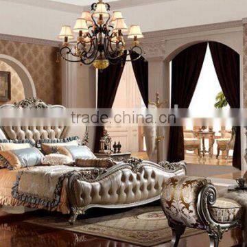 European Style Solid Wood with Genuine Leather Bed, Royal Bedroom Carved Furnitur Bed, Royal Bedroom Furniture (BF01-ML013)