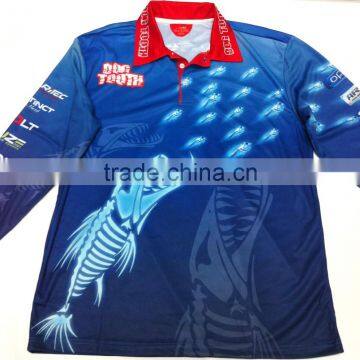 Sublimated printing custom fishing shirt, buttons on collar, comfortable rid fabric on wrist