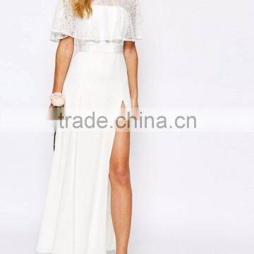 Fame And Partners Bridal Grown Lvory Maxi Split Dress With Lace Sleeves O-Neck For Wedding Party photo-3