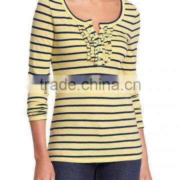 WOMEN STRIPED LONG SLEEVE T-SHIRT WITH RUFFLE PLACKET photo-2