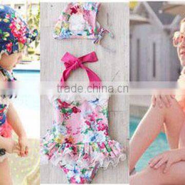 2015 Cute and ruffle girl swimwear bikini suit with hat