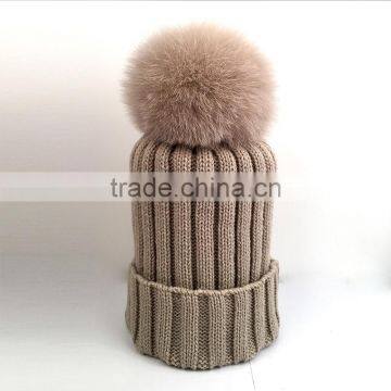 Myfur Wholesale Beanie Knit Hats with Fox Fur Pom Poms Wool Winter Hats