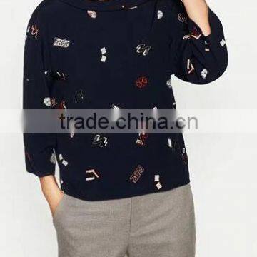Runwaylover EY2339B Europe Style 2017 Ladies Fashion Label Printed Blouse photo-2