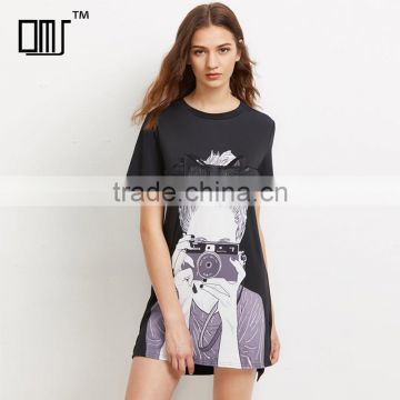 Printed black bow dresses for 15-20 years girls short sleeve tee dress