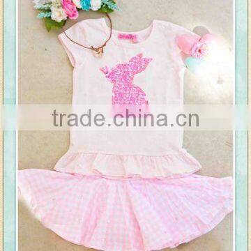 2017 Wholesale easter lovely girl short sleeve Bunny Cap Ruffle Tee Skort children dress