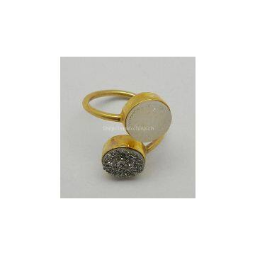 White & Silver Druzy 10mm Round Adjustable Silver Gold Plated Ring