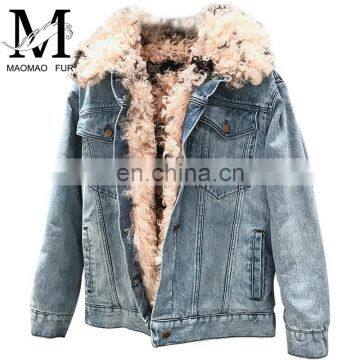 Fashion Wholesale Real Fur Lining Denim Jacket Women Lamb Fur Coat photo-6