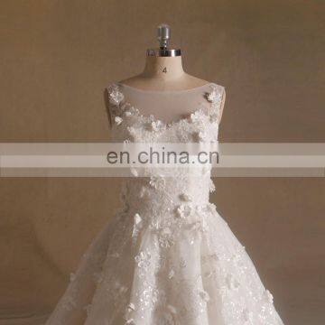 Noble Scoop Neck Corded Flowers Puff Aline Wedding Dress Long Train Sleeveless photo-2