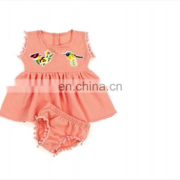 Wholesale 2PCS pom pom top dress with bloomer Turquoise set girl boutique clothing set