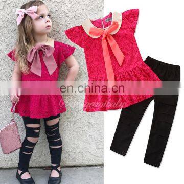 Girls Boutique Outfit Kids red tops + black pants 2pcs Set Spring Summer for 1-6T