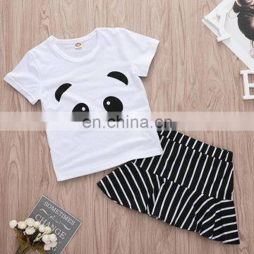 2019 Summer Girls Cotton Panda Print Top Tshirt & Black White Striped pp Skirt 2pc Set photo-2