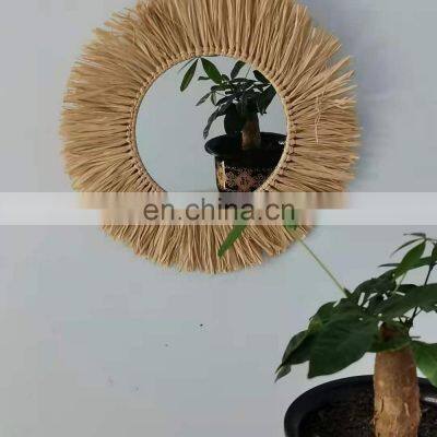 OEM home decoration raffia grass Lafite grass mirror wall hanging