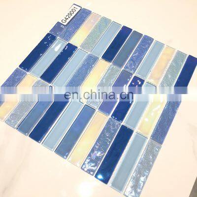 Foshan 4mm blue colored iridescent swimming pool tile shower floor mosaic glass mosaic with wave finish G429001