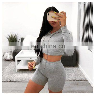 Manufacturer Wholesale Women's Casual Sexy Hooded Shorts Sports Fitness 2-piece Suit Custom Hoodie Crop Top photo-3
