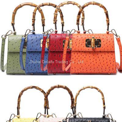 Hot-selling ostrich print manual small package ladies trapezoid bamboo-handle handbag