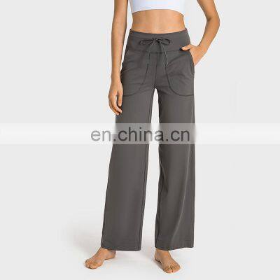 Custom Loose Wide Leg Flared Yoga Pants OEM Ladies Dance Gym Wear Drawstring With Side Pocket Leggings Trousers For Women