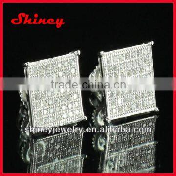 rhodium plating big square style 10*10 stone big mens screwback earring