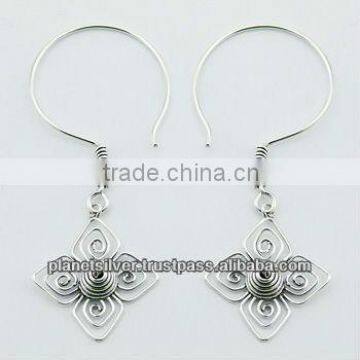 Bali Silver Earrings Delicate Flower Conical Spiral On Hoop