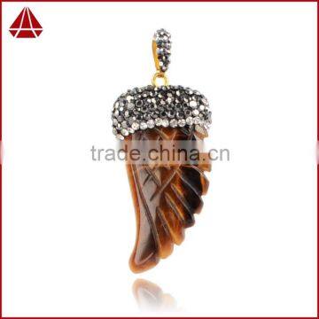 Tiger's Eye Carved Wing & Zircon Pendant Bead With Special Black Gun Zircon Gold Plated Clasp