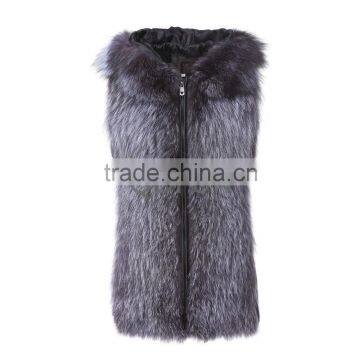 Fashion Women Winter Real Silver Fox Fur Vest With Sheep Fur Hoodied D0007