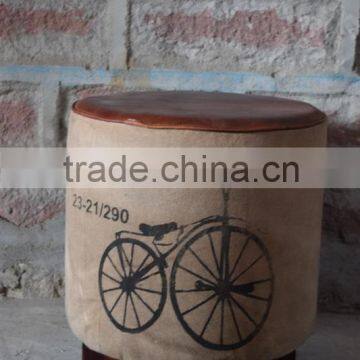 Canvas Leather Puff with wooden legs ,Industrial style Furniture wholesale